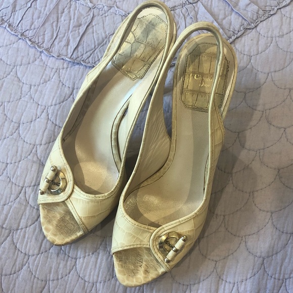 💗DIOR💗CREAM CROC EMBOSSED LEATHER SLINGBACK 37.5 - Picture 4 of 16